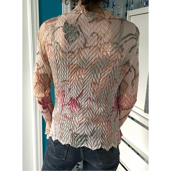 Komarov Blush Pink Crinkle Pleated Blouse Velvet Floral Burnout Plaque Romantic - Picture 11 of 16